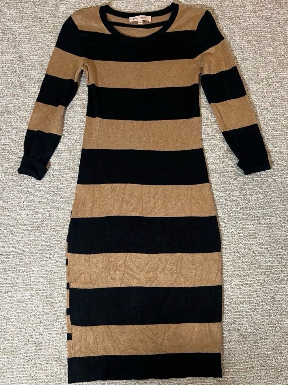 Philosophy Republic Clothing Striped Sweater Dress Small Black Camel Long Sleeve